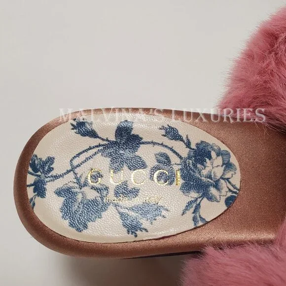 GUCCI SHOES CANDY SATIN AND FAUX FUR MULES CRYSTAL HEEL sz IT 35.5 US 5.5 - Picture 13 of 16